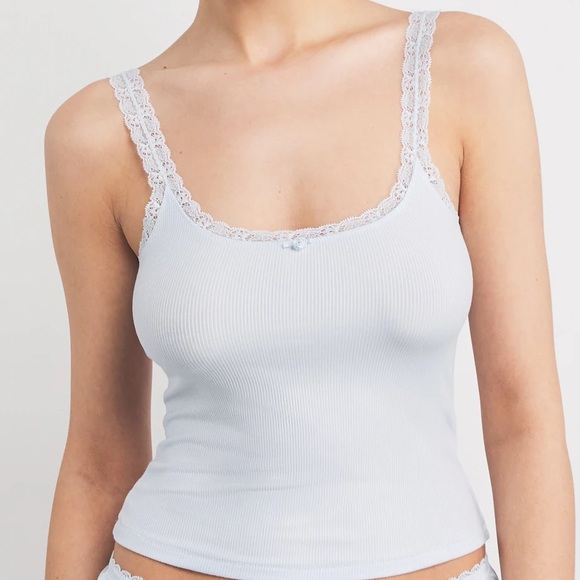 SKIMS Tops - Skims Soft Lounge Lace Trim Ribbed Camisole Cami Shirt in Mineral Blue